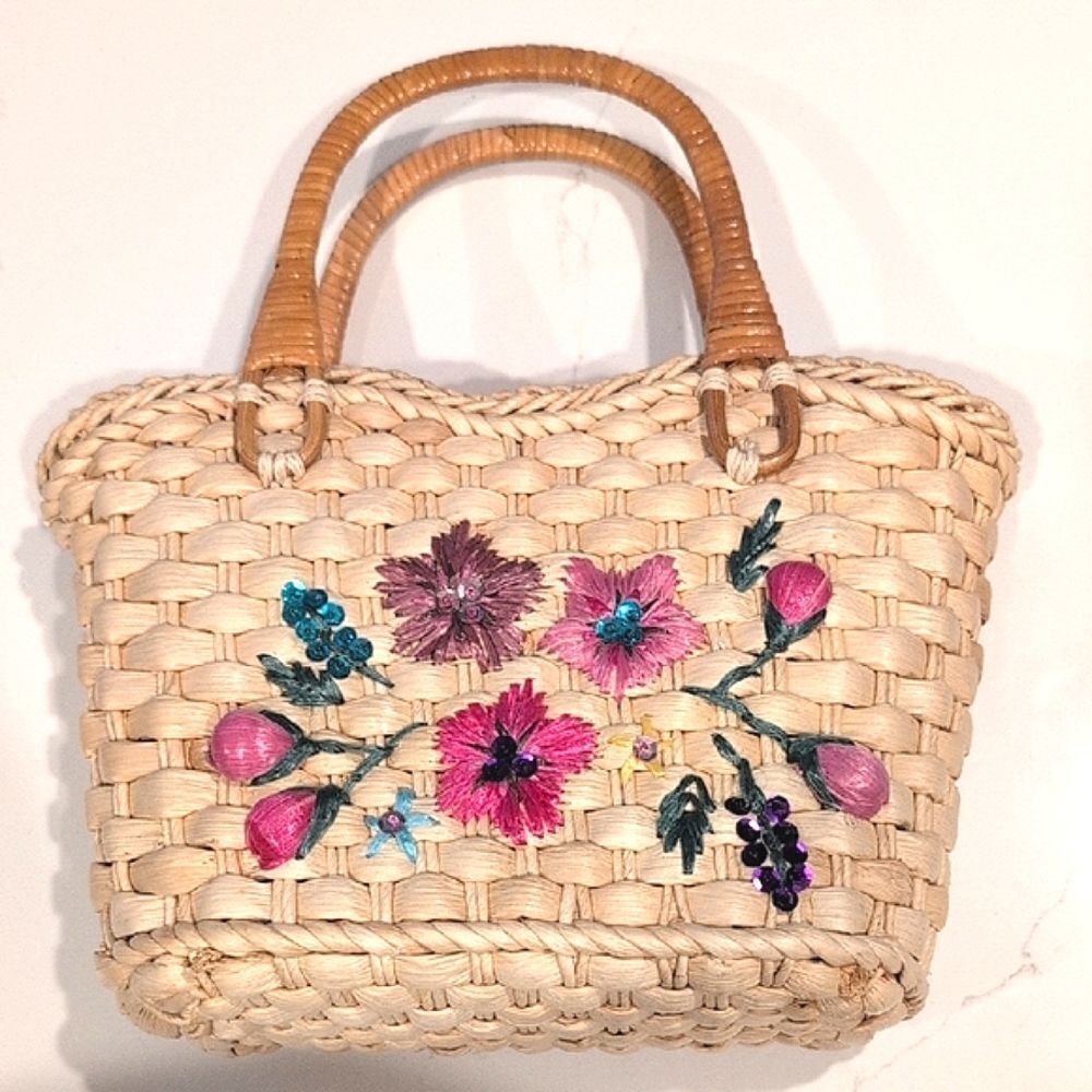 Floral Embroidered Woven Tote Bag - Cream